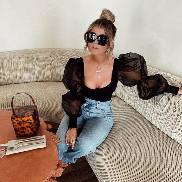 The Best Fashion Women's Slim Bodycon Bodysuit Ladies Casual Puff Long Sleeve Bandage Jumpsuit Romper Leotard Top Online - Hplify