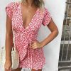 The Best Fashion Women's Summer Wrap Mini Dress Ladies Ruffle Hem V Neck Sleeveless Boho Beach Holiday Sundress Streetwear Online - Hplify
