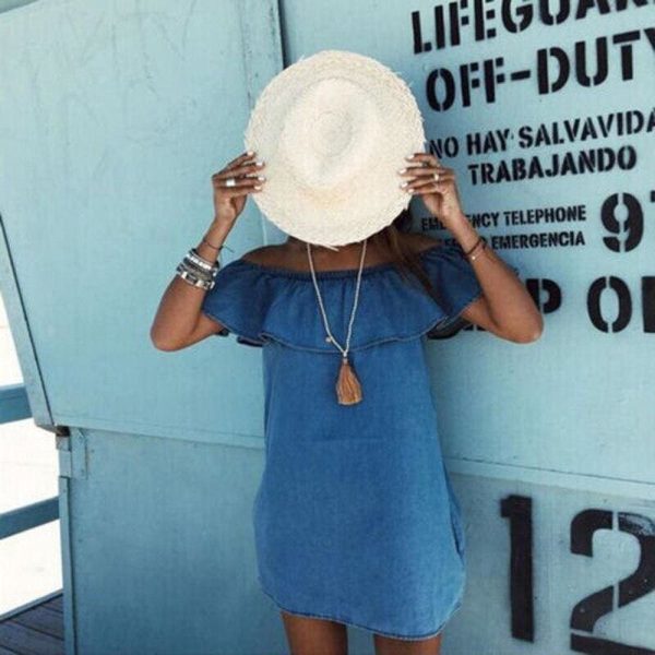 The Best Fashon Women's Casual Summer Beach Dress Denim Off Shoulder Ruffles Blue A-Line Mini Dress Outfit Party Sunsuit Online - Hplify