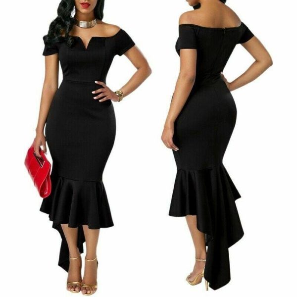 The Best Fishtail Dresses for Women Off Shoulder Midi Bodycon Dress Short Sleeve V Neck Cocktail Party Evening Formal Dress Online - Hplify