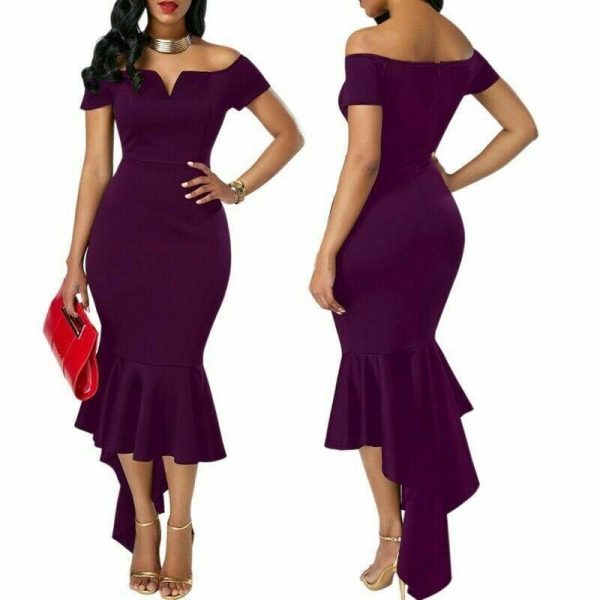 The Best Fishtail Dresses for Women Off Shoulder Midi Bodycon Dress Short Sleeve V Neck Cocktail Party Evening Formal Dress Online - Hplify
