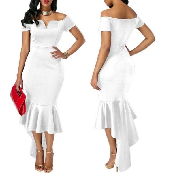 The Best Fishtail Dresses for Women Off Shoulder Midi Bodycon Dress Short Sleeve V Neck Cocktail Party Evening Formal Dress Online - Hplify
