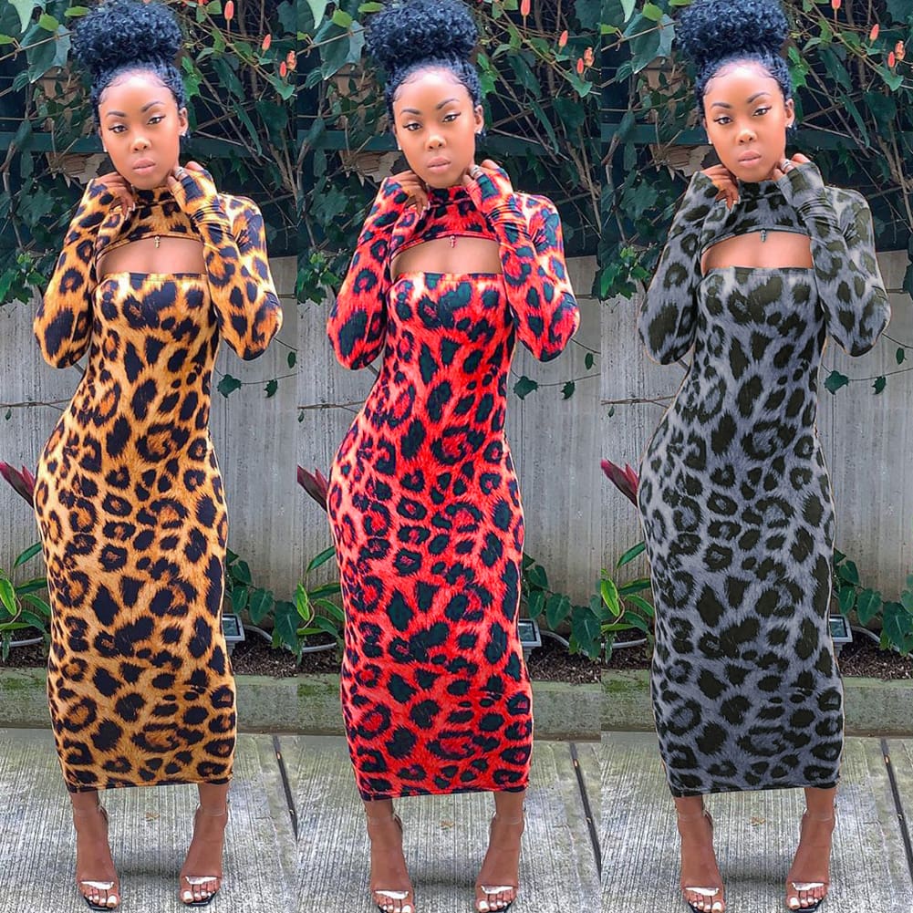 Women Long Sleeve Leopard Bodycon Dress Autumn Ladies Evening Party Clubwear Slim Long Sexy Dress