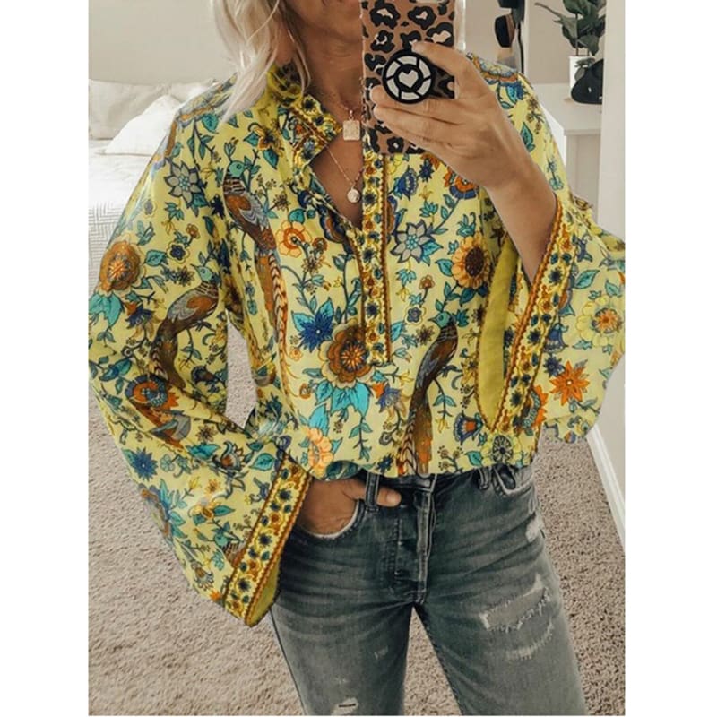 2019 New Hot Vintage Women Autumn Summer Boho Floral V-Neck Oversize Blouse Tops Plus Size S-XL Loose Ladies Shirts