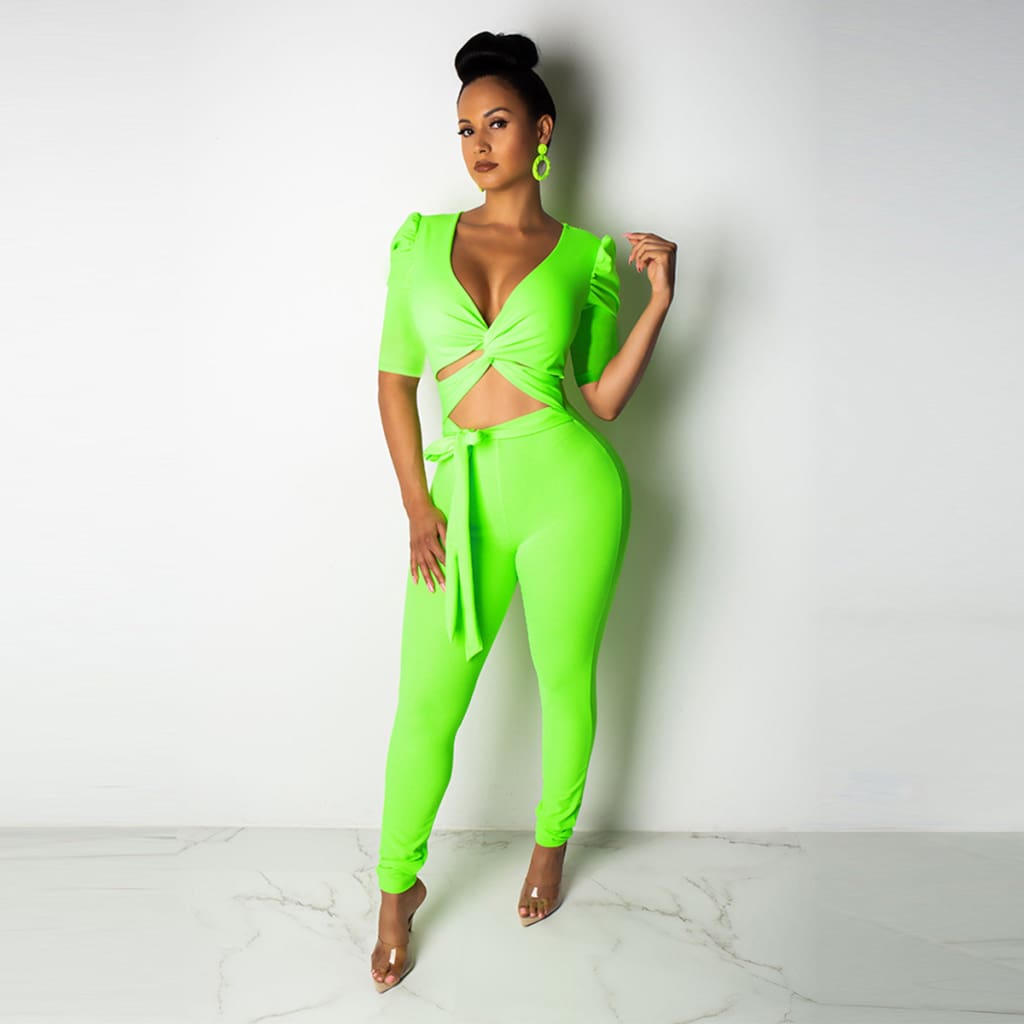 Women 2Pcs Sets Bandage Crop Top Long Pencil Trousers Suit Short Sleeve Casual Romper Summer Deep V Neck Skinny Clubwear