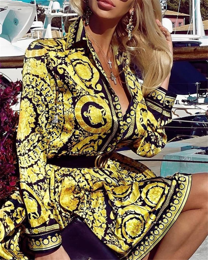 Elegant Printed Shirt Dress Women Vintage Long Sleeve Party Dress Mini Short Autumn Dresses Streetwear