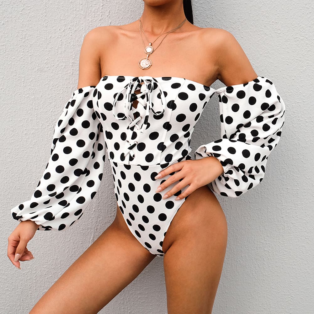 Fashion Ladies Women Off Shoulder Long Sleeve Polka Stretch Bardot Romper Jumpsuit Bodysuit Leotard Top