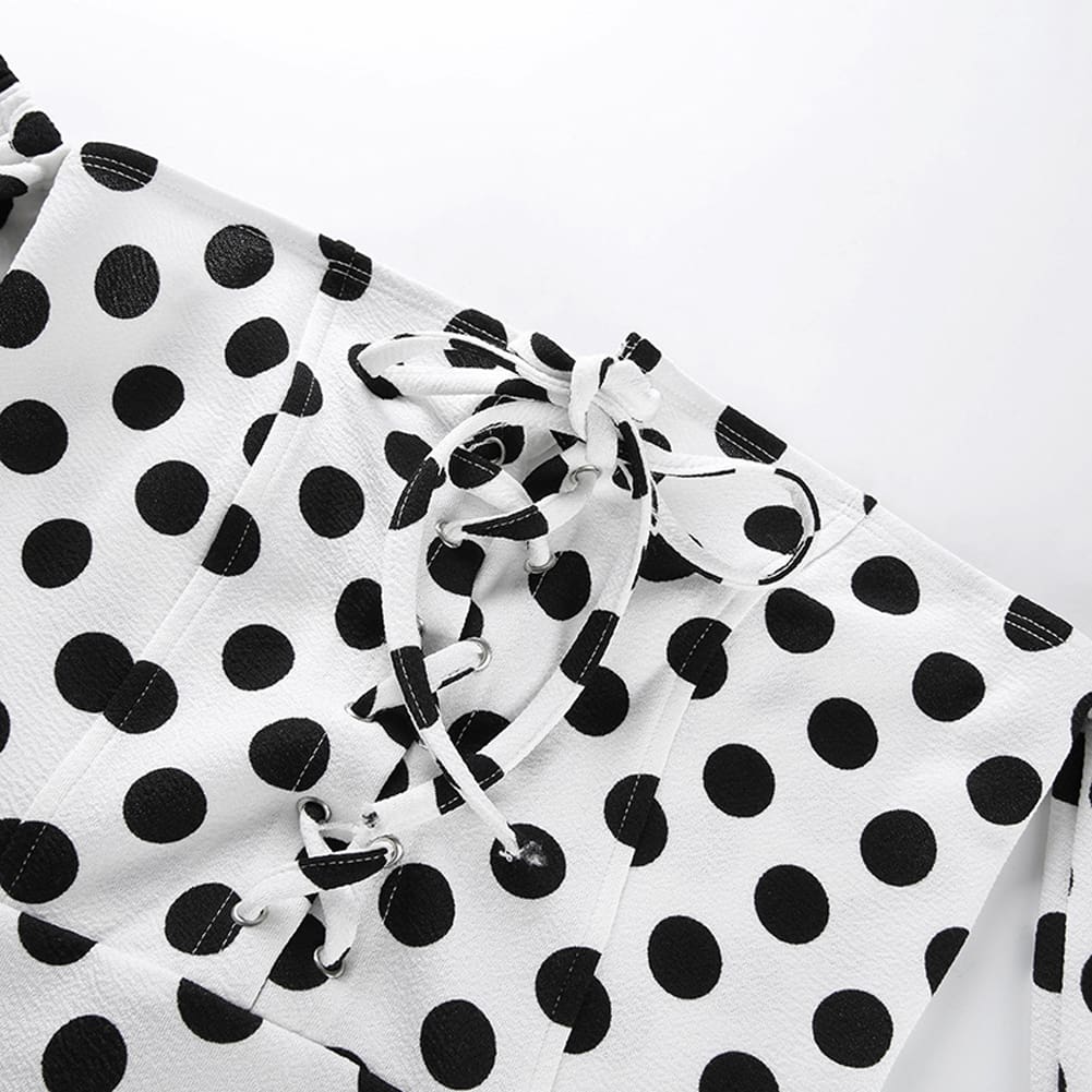 Fashion Ladies Women Off Shoulder Long Sleeve Polka Stretch Bardot Romper Jumpsuit Bodysuit Leotard Top