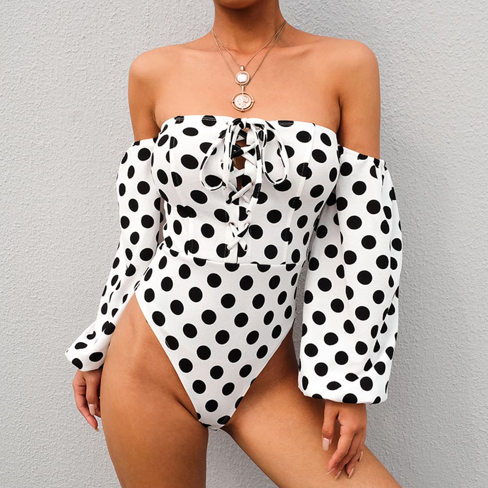 Fashion Ladies Women Off Shoulder Long Sleeve Polka Stretch Bardot Romper Jumpsuit Bodysuit Leotard Top