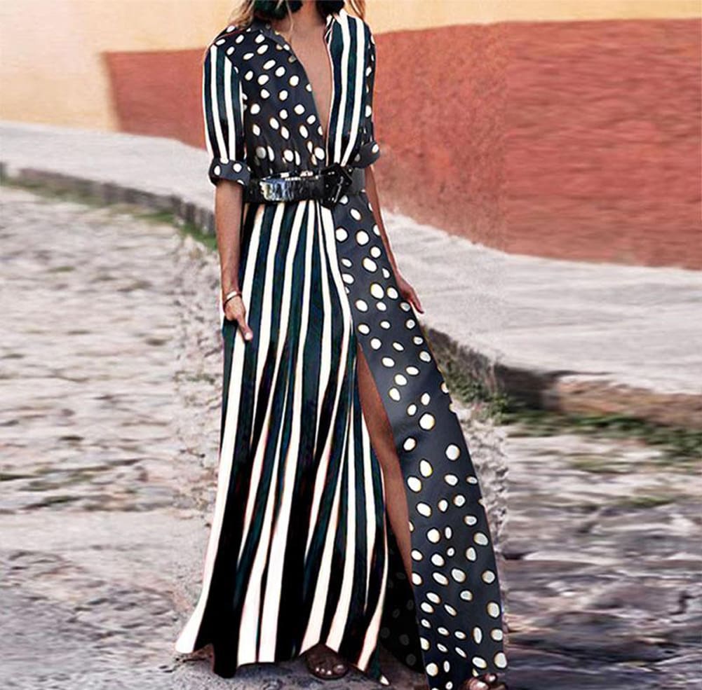 Plus Size Sexy Women Long Dress Vintage Polka Dot White Black Print Retro Bodycon Women Short Sleeve Maxi Beach Dress