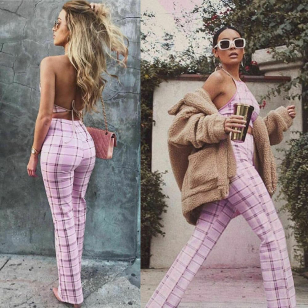 Plus Size Ladies Summer Plaid Clothes Set Fashion Women Sleeveless Holiday Crop Tops+Long Pants 2Pcs Loose Beach Outfit S-2XL