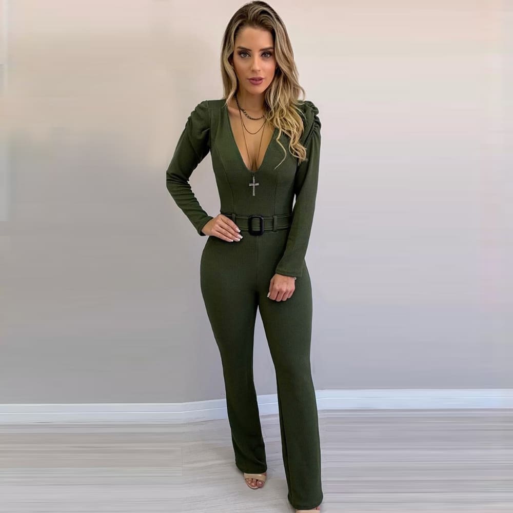 New Hot Women V Neck Bodycon Jumpsuit Loose Wide Leg Pants Suit Playsuit Autumn Casual OL Ladies Workout Jumpsuit Clothes