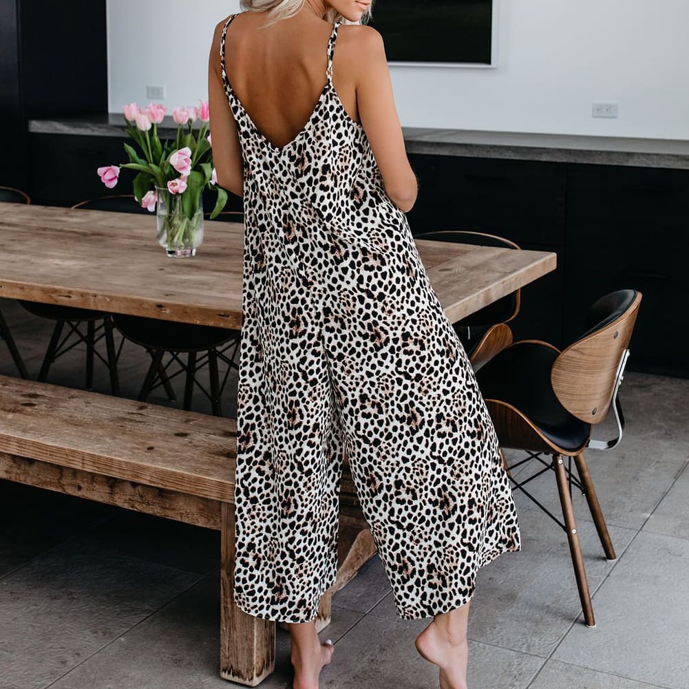 Fashion Womens Leopard Jumpsuit Casual Romper Sleeveless Long Pants Loose Playsuit Clubwear Trousers Outfits Streetwear