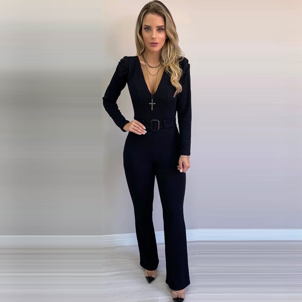 New Hot Women V Neck Bodycon Jumpsuit Loose Wide Leg Pants Suit Playsuit Autumn Casual OL Ladies Workout Jumpsuit Clothes