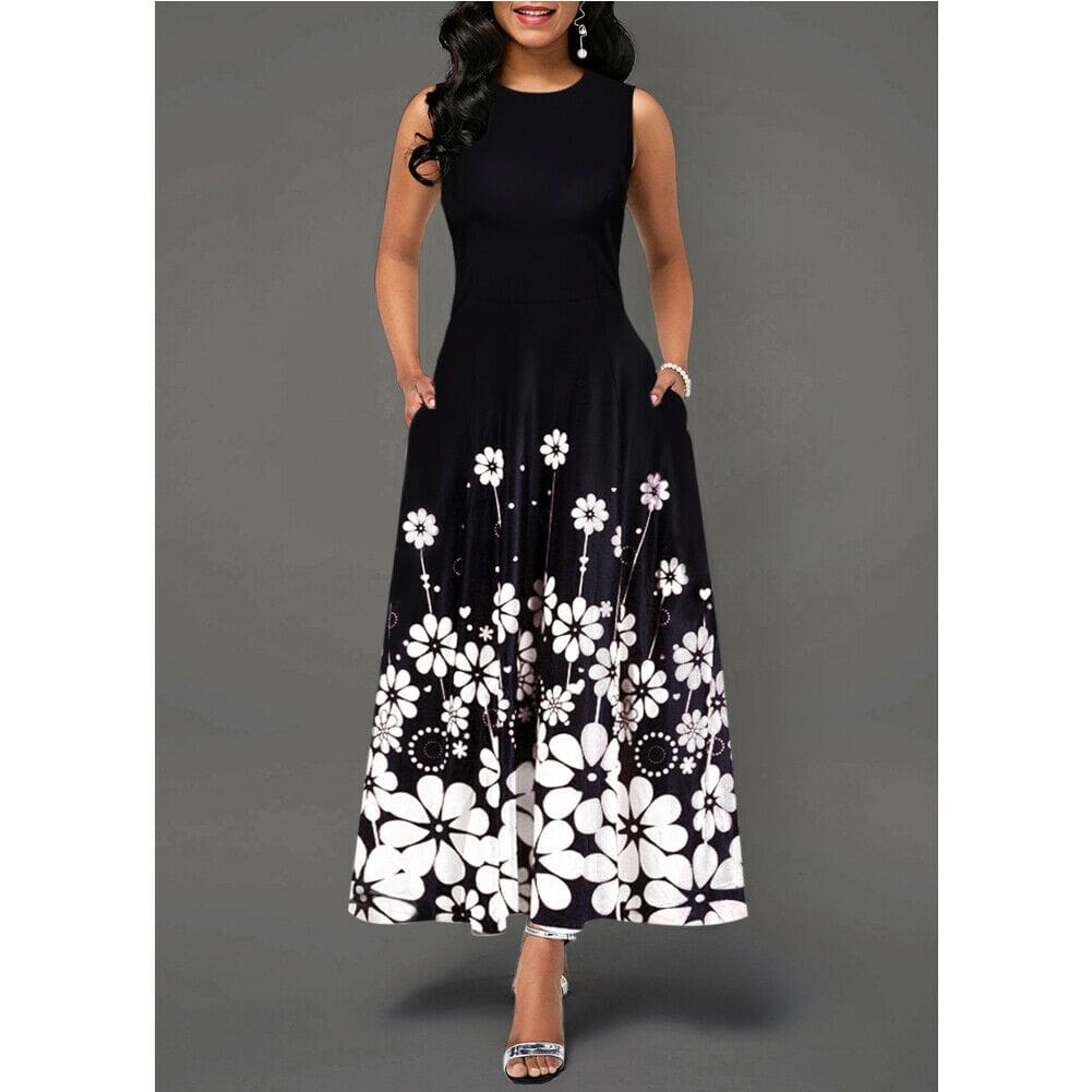 Large Size Elegant Womens Floral Print Long Maxi Dress Evening Party Beach Dress Summer Sleeveless Long Flower Sundress Costume