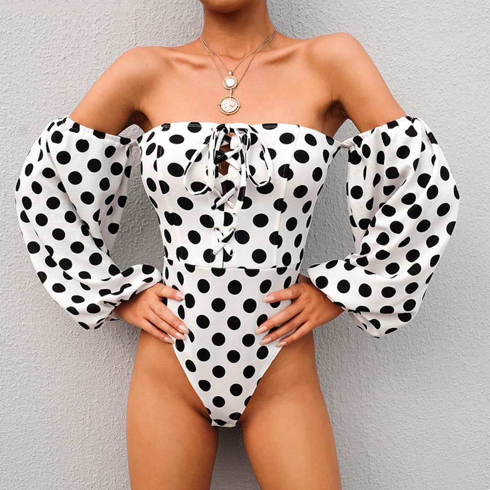 Fashion Ladies Women Off Shoulder Long Sleeve Polka Stretch Bardot Romper Jumpsuit Bodysuit Leotard Top
