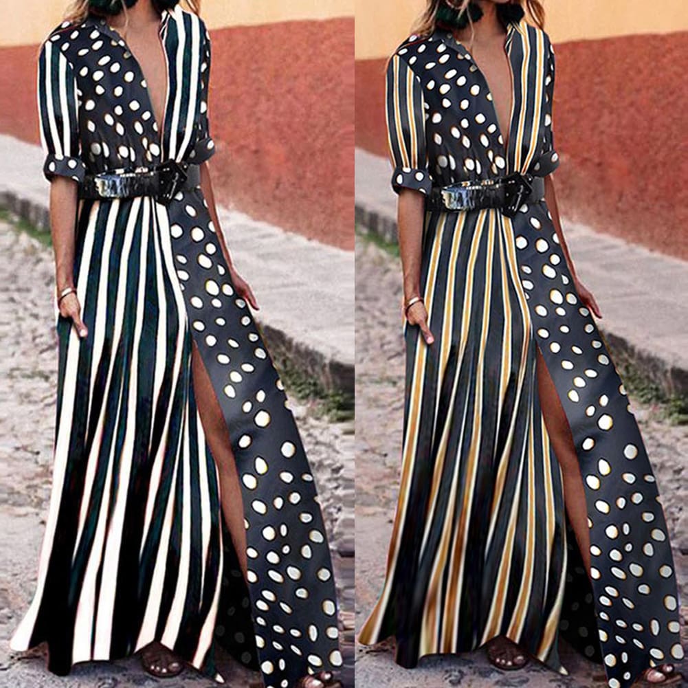 Plus Size Sexy Women Long Dress Vintage Polka Dot White Black Print Retro Bodycon Women Short Sleeve Maxi Beach Dress