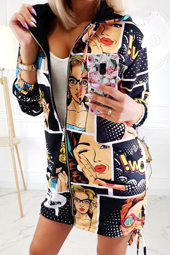 Fashion Womens Characters Portraits Printed Jeacket Coat Casual Long Sleeve Zipper up Hooded Outerwear Streetwear
