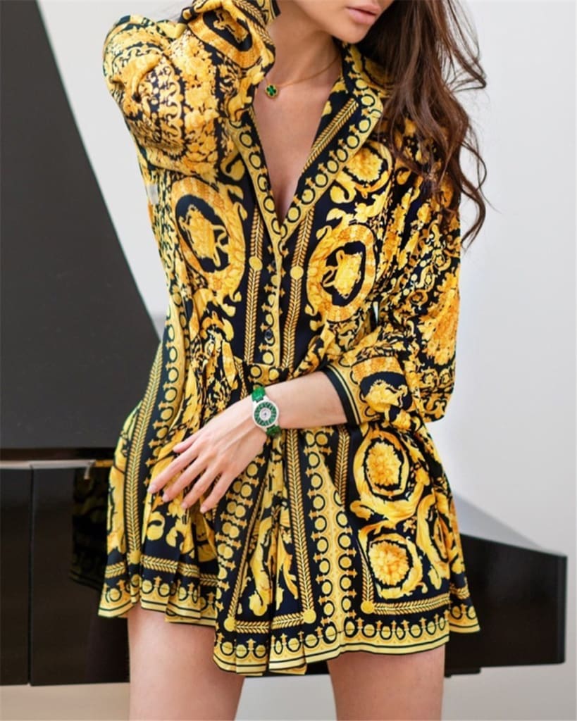 Elegant Printed Shirt Dress Women Vintage Long Sleeve Party Dress Mini Short Autumn Dresses Streetwear