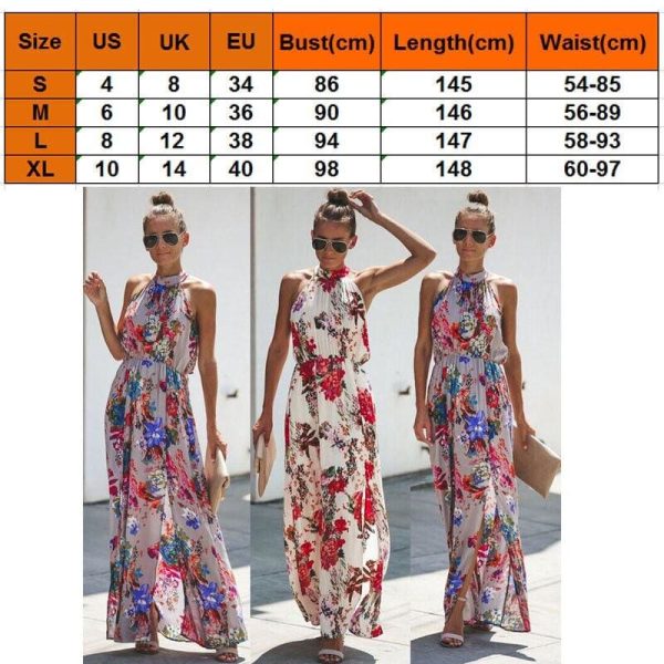 The Best Halter Style Women Summer Floral Dress Casual Boho High Waist Long Maxi Holiday Party Sleeveless Loose Dress Clothes Online - Hplify