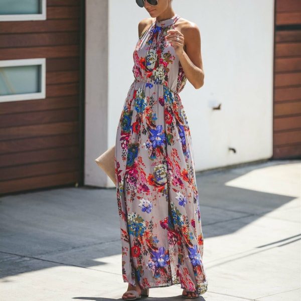 The Best Halter Style Women Summer Floral Dress Casual Boho High Waist Long Maxi Holiday Party Sleeveless Loose Dress Clothes Online - Hplify