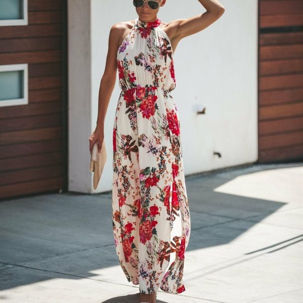 The Best Halter Style Women Summer Floral Dress Casual Boho High Waist Long Maxi Holiday Party Sleeveless Loose Dress Clothes Online - Hplify