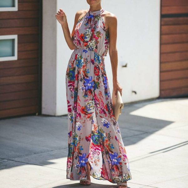The Best Halter Style Women Summer Floral Dress Casual Boho High Waist Long Maxi Holiday Party Sleeveless Loose Dress Clothes Online - Hplify