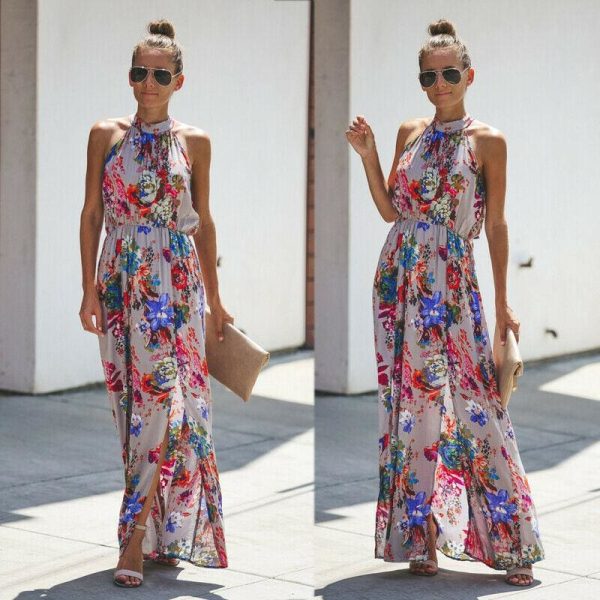 The Best Halter Style Women Summer Floral Dress Casual Boho High Waist Long Maxi Holiday Party Sleeveless Loose Dress Clothes Online - Hplify