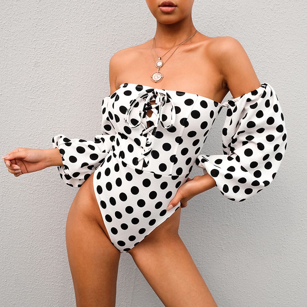 Fashion Ladies Women Off Shoulder Long Sleeve Polka Stretch Bardot Romper Jumpsuit Bodysuit Leotard Top