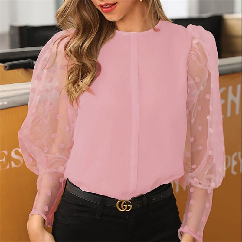 Vintage Blouse See-through Sleeve Sexy Polka Dot Print Blouse O Neck Lady Office Shirt Tunic Casual Loose Tops Plus Size Blusas