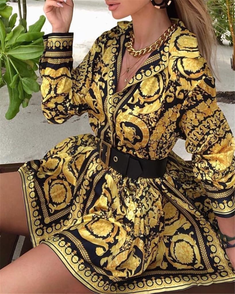 Elegant Printed Shirt Dress Women Vintage Long Sleeve Party Dress Mini Short Autumn Dresses Streetwear