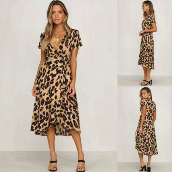 The Best High Waist Women's Fashion Summer Leopard Printed Dress Beach Holiday New Casual Loose Short Sleeve V-Neck Dress Online - Hplify