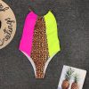 The Best Hirigin Halter One Piece Swimwear Women Leopard Patchwork Push Up Padded Women Bathing Suit Swimming Suit Beachwear Online - Hplify
