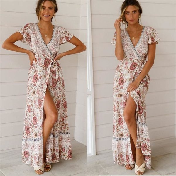 The Best Holiday Long Dress Women's Boho Dresses Lady Boho Floral V-neck Long Maxi Dress Summer Beachwear Sundress Online - Hplify
