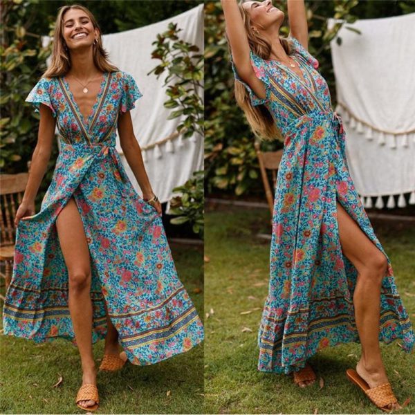 The Best Holiday Long Dress Women's Boho Dresses Lady Boho Floral V-neck Long Maxi Dress Summer Beachwear Sundress Online - Hplify