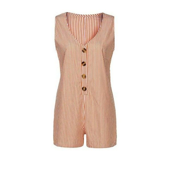 The Best Holiday Women Casual V-neck Sleeveless Playsuit Striped Button Jumpsuit Rompers Summer Beach Short Trousers Online - Hplify