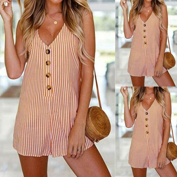 The Best Holiday Women Casual V-neck Sleeveless Playsuit Striped Button Jumpsuit Rompers Summer Beach Short Trousers Online - Hplify