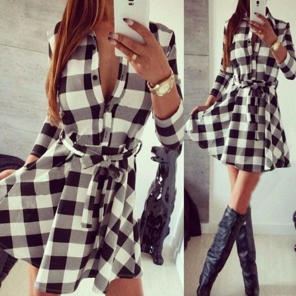 The Best Hot Fashion Women Ladies Long Sleeve Loose Dress High Waist Dress V-Neck Plaid Summer Casual Mini Dress Sundress Online - Hplify
