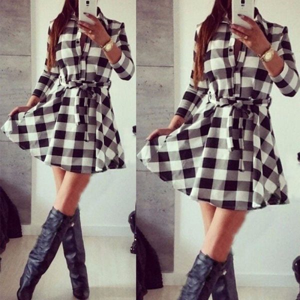 The Best Hot Fashion Women Ladies Long Sleeve Loose Dress High Waist Dress V-Neck Plaid Summer Casual Mini Dress Sundress Online - Hplify
