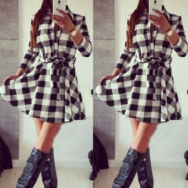 The Best Hot Fashion Women Ladies Long Sleeve Loose Dress High Waist Dress V-Neck Plaid Summer Casual Mini Dress Sundress Online - Hplify