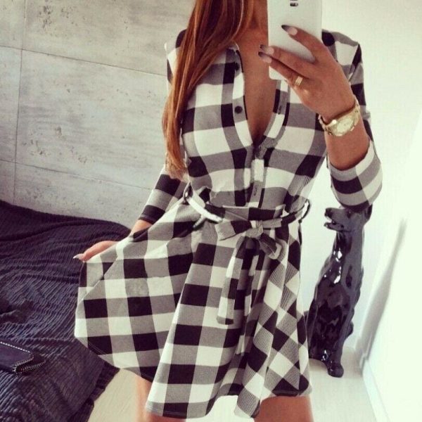 The Best Hot Fashion Women Ladies Long Sleeve Loose Dress High Waist Dress V-Neck Plaid Summer Casual Mini Dress Sundress Online - Hplify