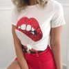 The Best Hot Summer Fashion Red Lips Print Slim T-Shirts Women Girl Casual Short Sleeve T-Shirt Women Clothing Online - Hplify