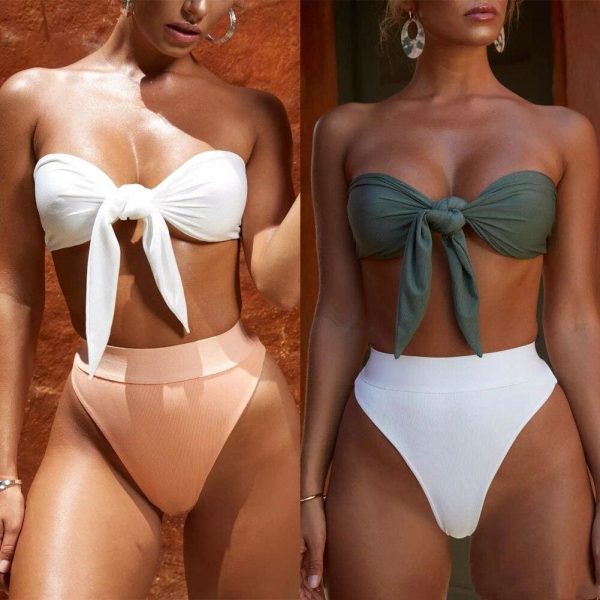 The Best Hot Summer Sexy Solid Bikini Set Padded Bra Lace Up Bow Bandeau Bikini High Waist Triangle Swimsuit Beach Bathing Suits Online - Hplify