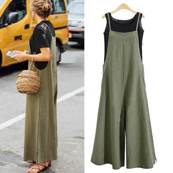 The Best Hot Summer Women Strappy Solid Comfy Wide Leg Jumpsuits Women Casual Loose Dungarees Bib Overalls Cotton Linen Rompers Plus Size Online - Hplify