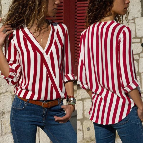 The Best Hot Women Collar Striped Blouse Shirt Long Sleeve Blouse Fashion V-neck Shirts Casual Tops Blouse Online - Hplify