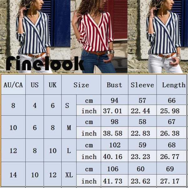 The Best Hot Women Collar Striped Blouse Shirt Long Sleeve Blouse Fashion V-neck Shirts Casual Tops Blouse Online - Hplify