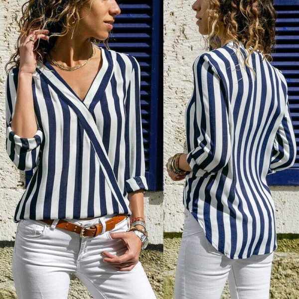 The Best Hot Women Collar Striped Blouse Shirt Long Sleeve Blouse Fashion V-neck Shirts Casual Tops Blouse Online - Hplify