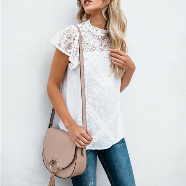 The Best HOT Women Lace Patchwork Office Top Shirt 2019 Fashion Ladies High Neck Casual Loose Summer T-Shirt Streetwear Online - Source Silk