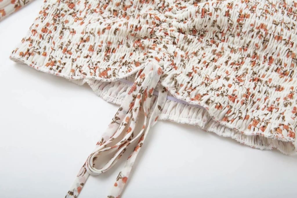 Summer Long Lantern Sleeve Square Collar Beige Print Blouse Women