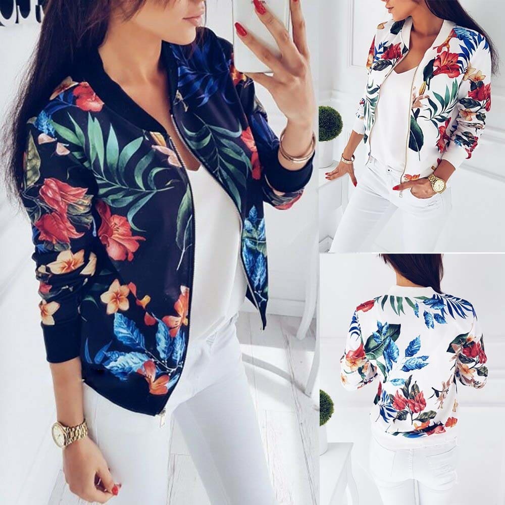 Retro Floral Printed Short Jacket Woman Zipper Bomber Female Spring Outwear Casual Long Sleeve Fashion Womens Clothes